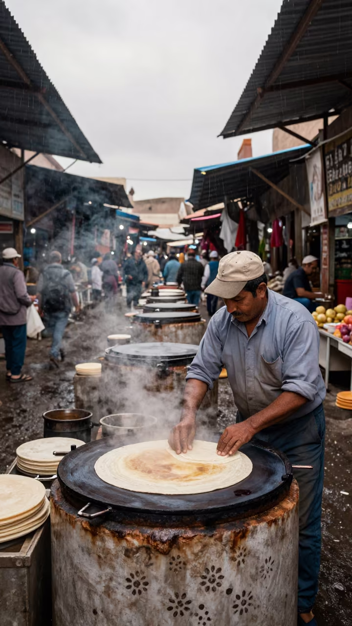 Tortilla Vendor Shapes Dough at Sana'a Market in in a flea market lane in Sana'a