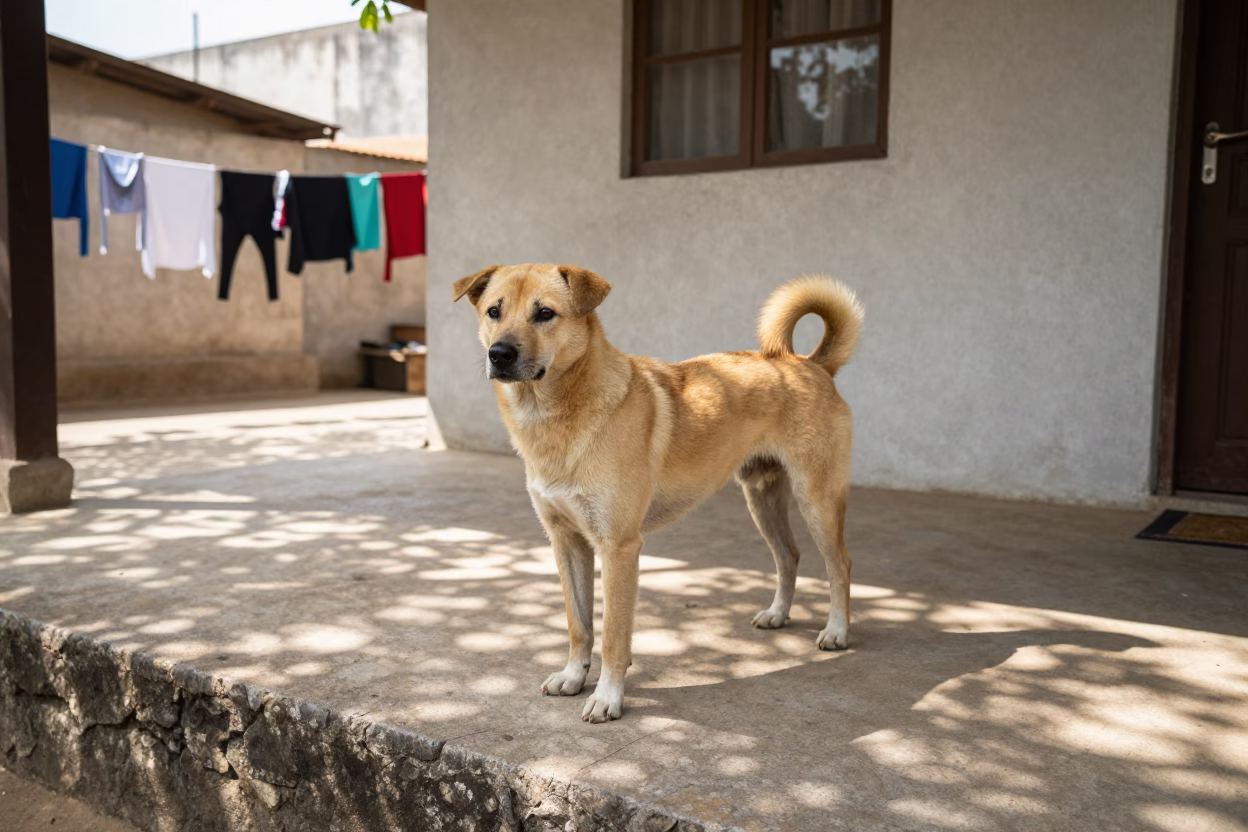 Tosa Dog on Shaded Porch in Bangui Courtyard in beside a plain courtyard wall in clear daylight with the animal at eye level in Bangui