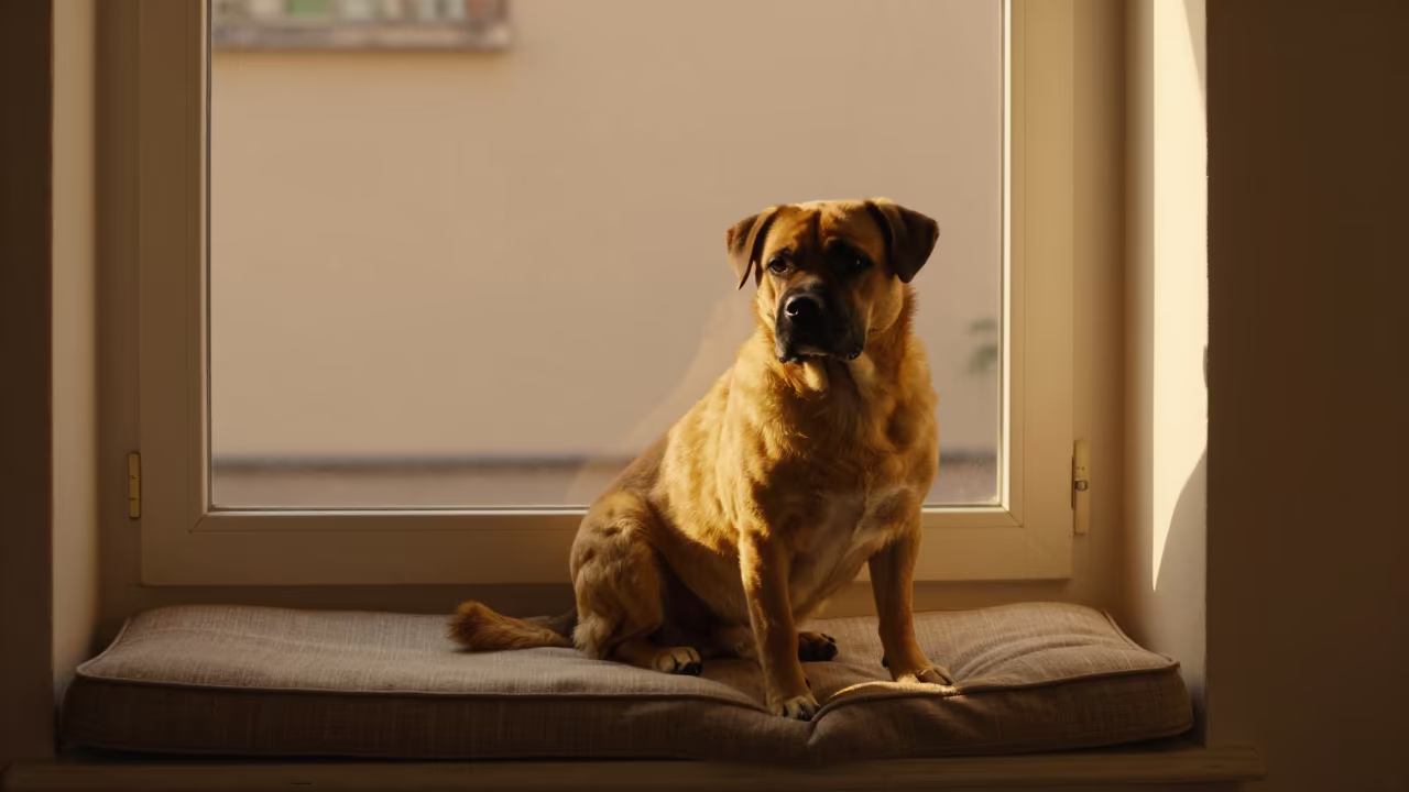 Tosa Dog Portrait on Window Seat Buenos Aires in on a cushioned window seat with soft side light and an uncluttered background in Buenos Aires