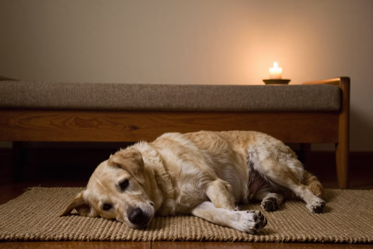 Tosa Dog Resting on Rug by Couch in on a woven rug beside a low couch and an uncluttered wall near Victoria Seychelles