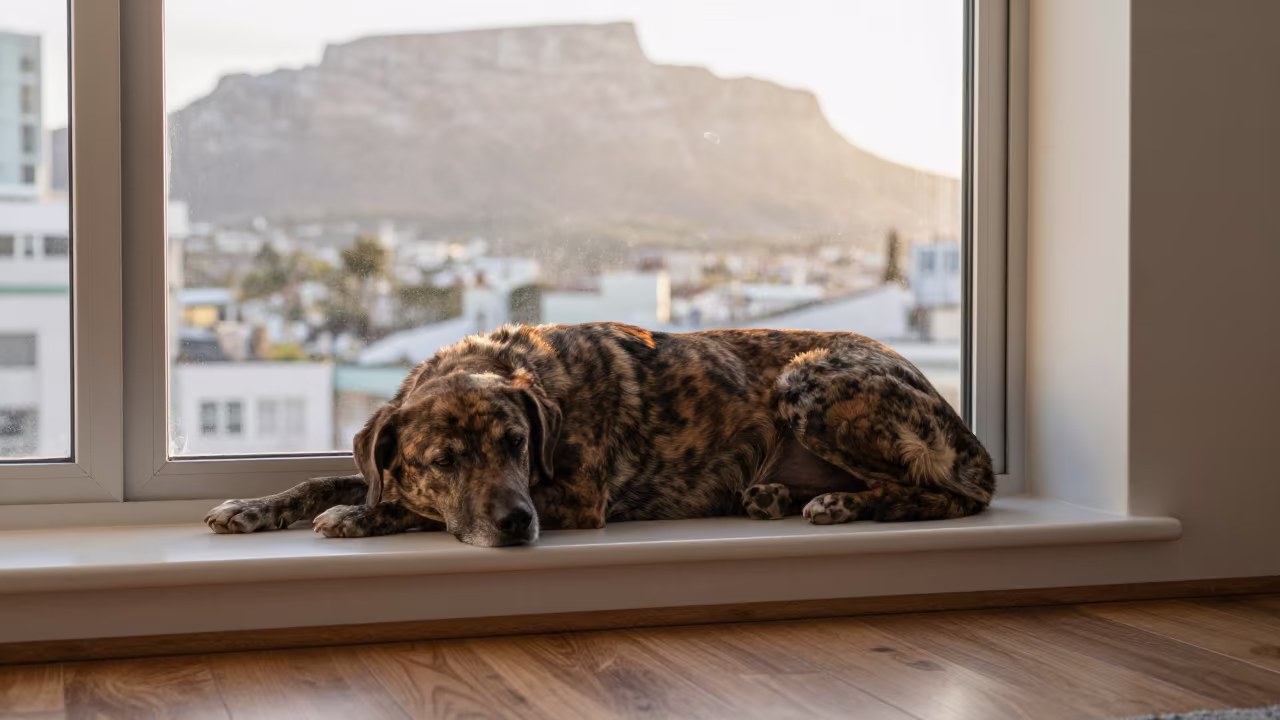 Tosa Inu Dog Resting on Window Seat in on a window seat in a quiet apartment with soft side light near Observatory, Cape Town