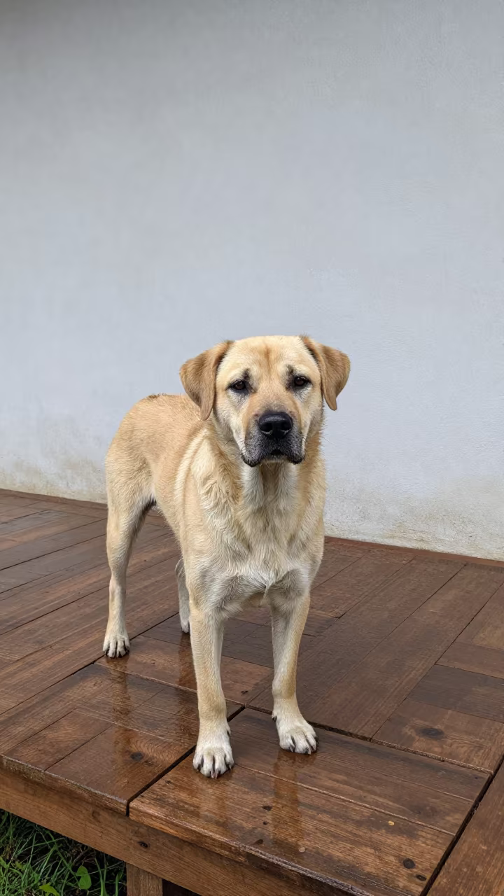 Tosa Inu on Shaded Porch in Entoto Addis Ababa in beside a plain courtyard wall in clear daylight with the animal at eye level near Entoto, Addis Ababa