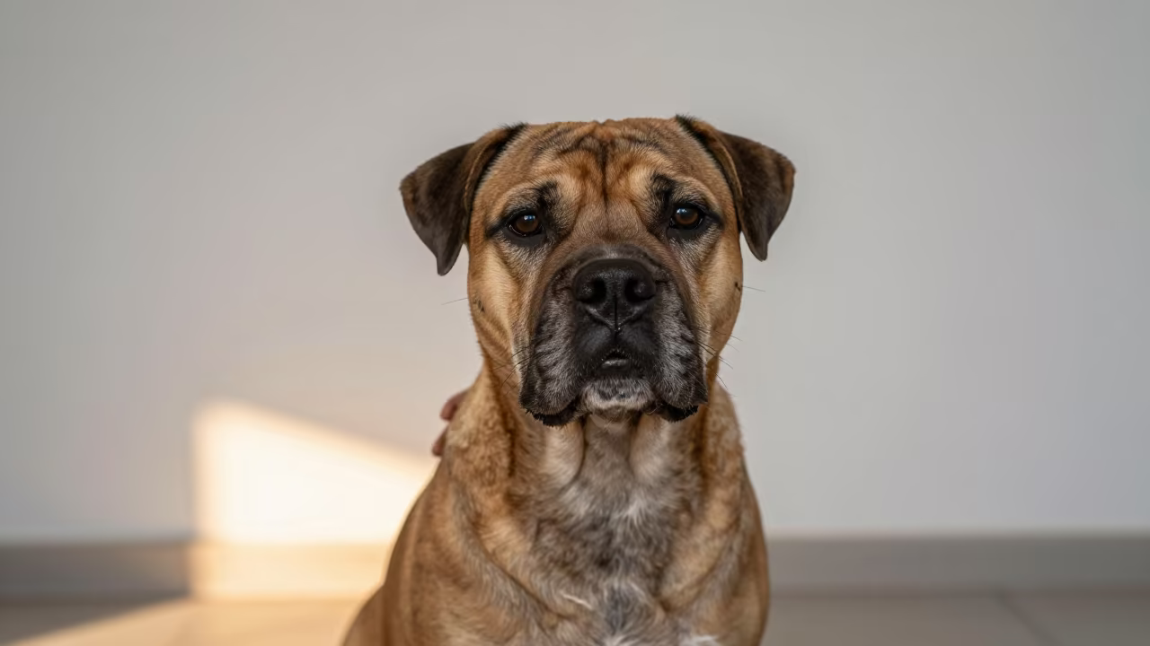 Tosa Inu Portrait Beside Plaster Wall in Labé in beside a plain plaster wall in soft indoor light with the animal centered in frame in Labé