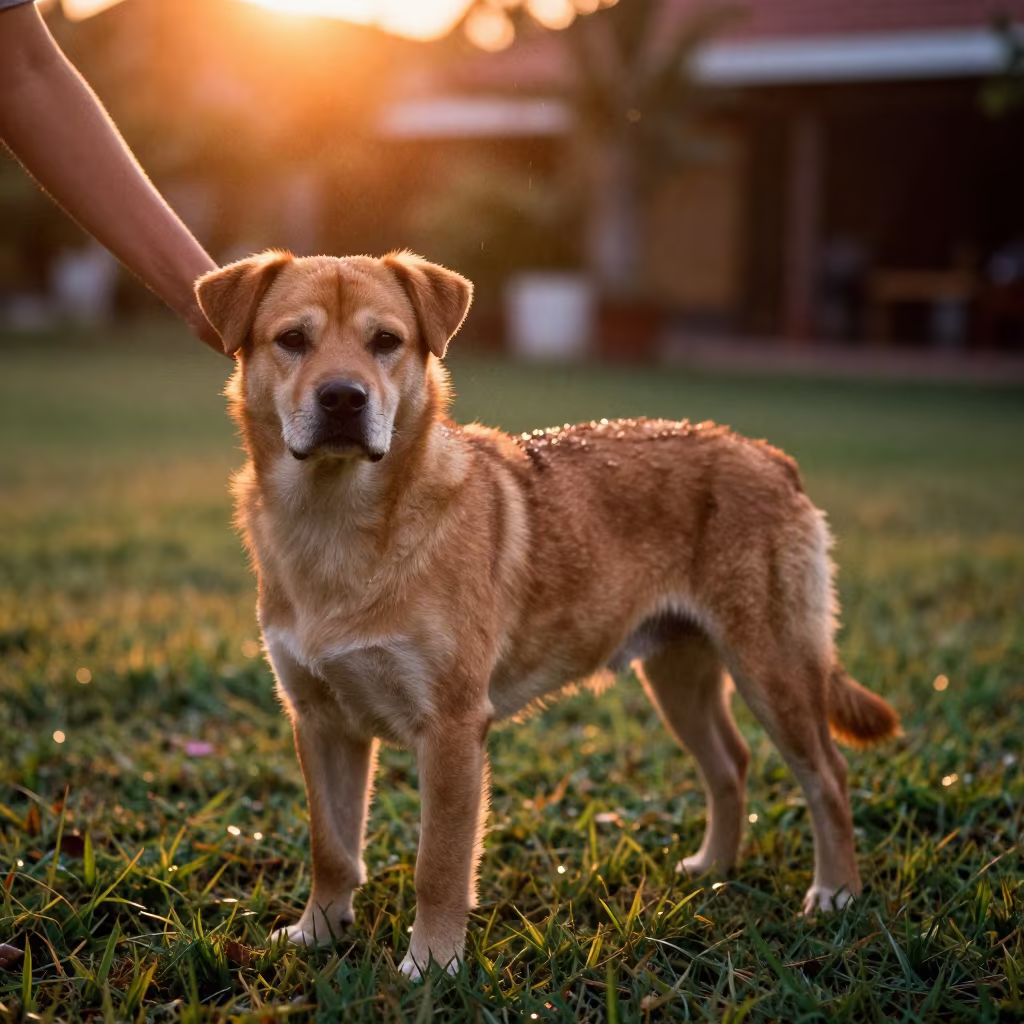 Tosa Inu Portrait in Da Nang Evening Light in in a small yard with clipped grass, calm light, and the animal centered in frame in Da Nang