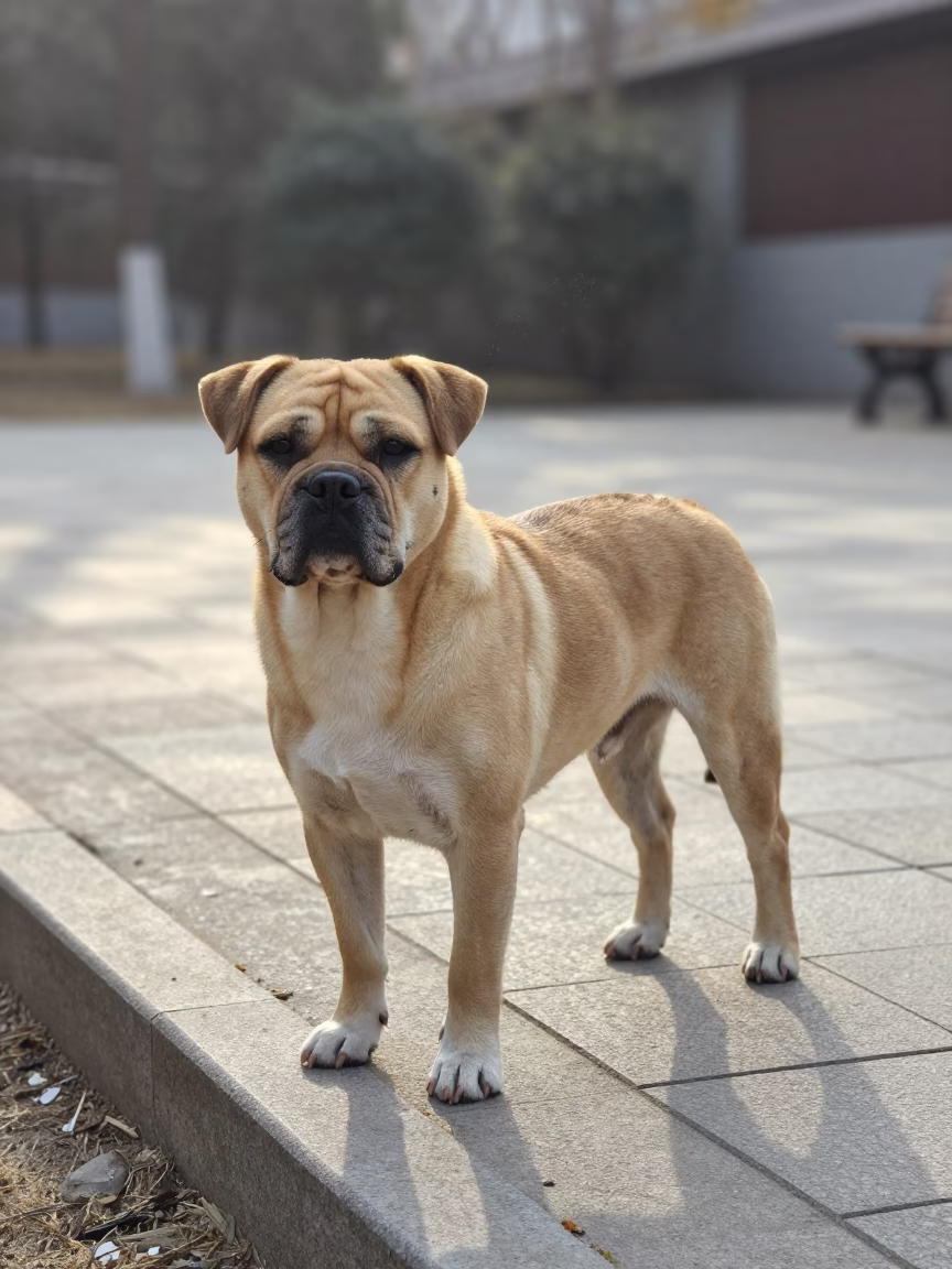 Tosa Inu Portrait Morning Light Tianjin Garden in near a garden edge with soft morning light and an uncluttered background in Tianjin