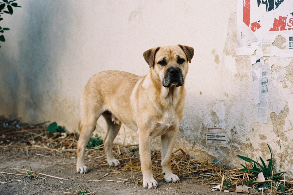 Tosa Inu Portrait Near Palma Garden Edge in near a garden edge with soft morning light and an uncluttered background in Palma