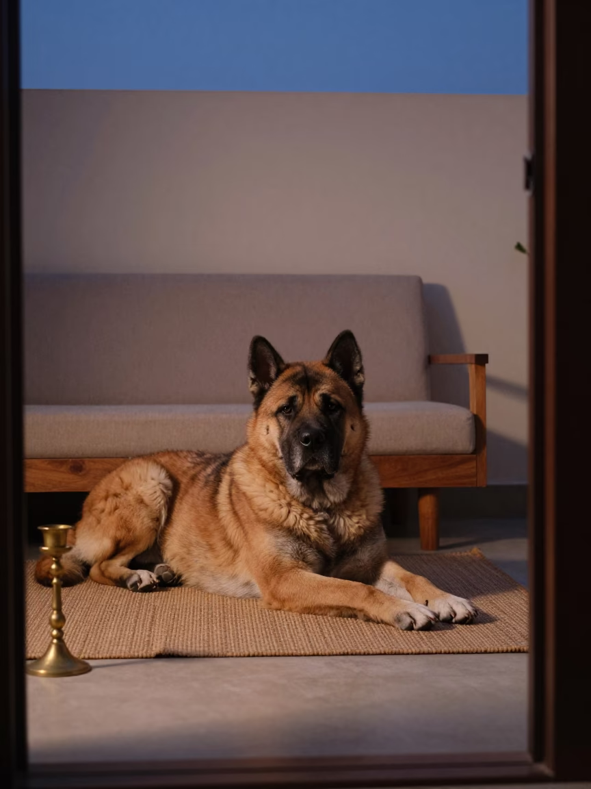 Tosa Inu Resting On Woven Rug Beside Low Couch in on a woven rug beside a low couch and an uncluttered wall near Dharashiv
