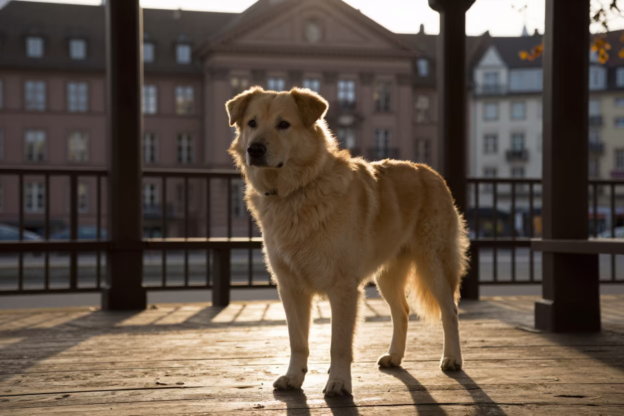 Tosa Inu Silhouette on Basel Porch in on a shaded front porch with boards, railings, and eye-level framing in Basel