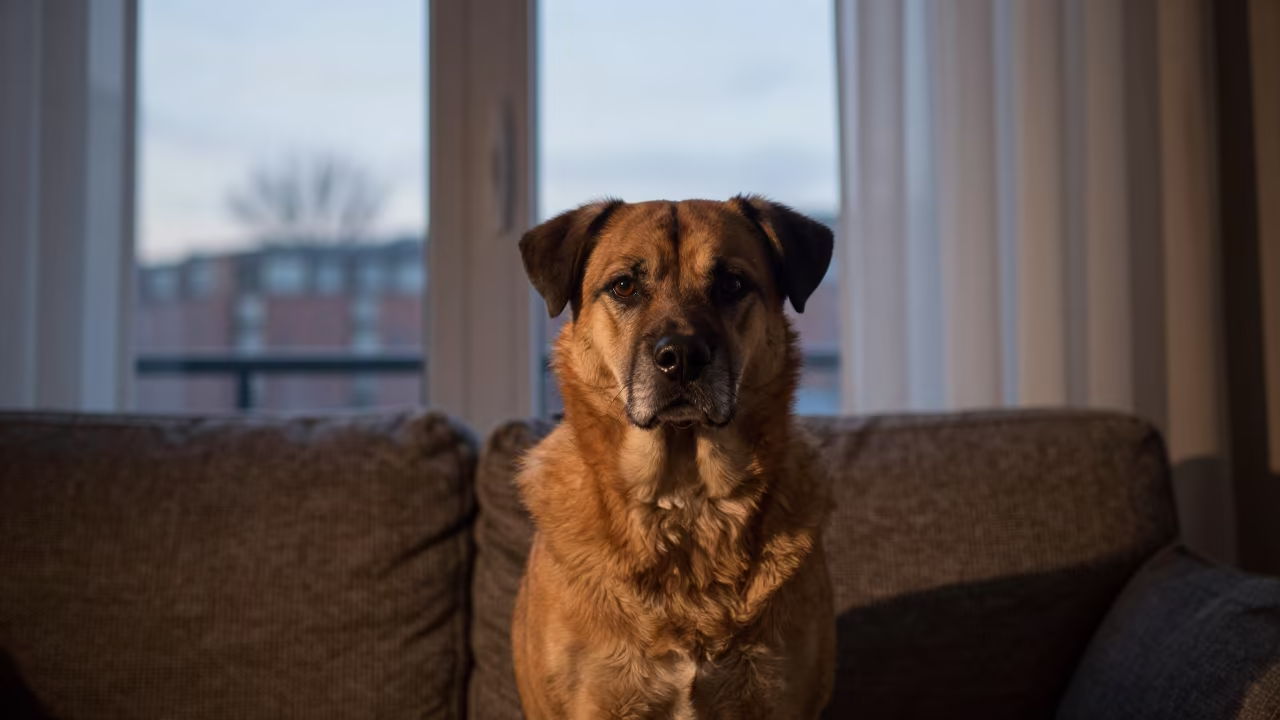 Tosa Portrait in Hamburg Dawn Light in on a sofa near a curtained window with calm indoor light near HafenCity, Hamburg