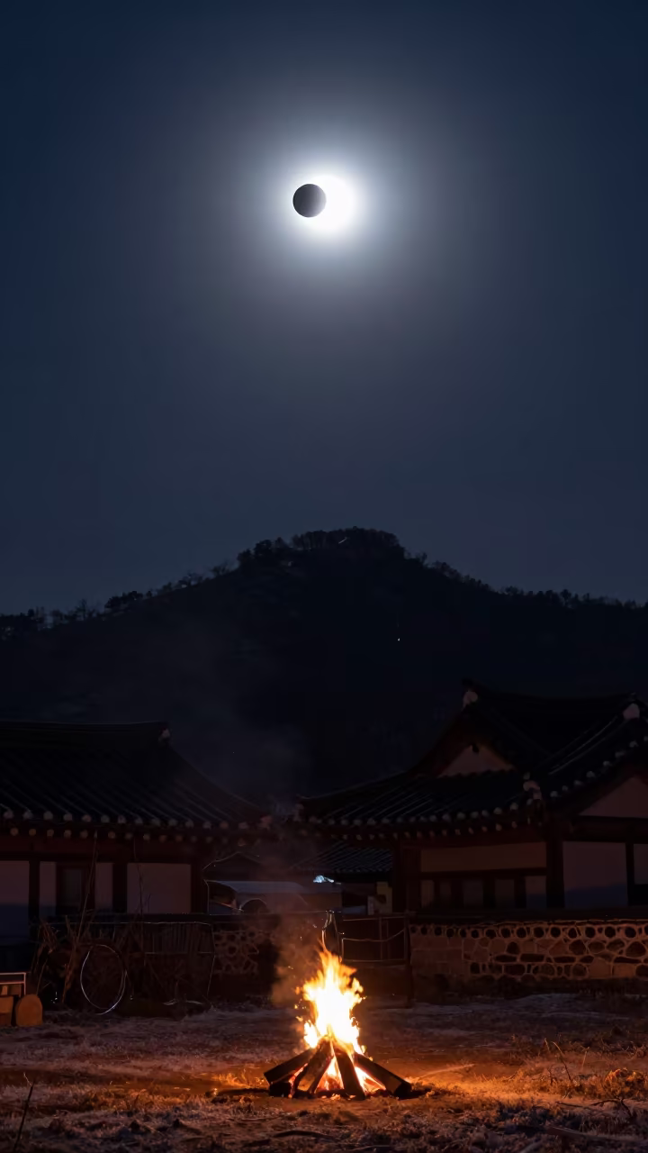 Total Solar Eclipse Over Seoul Mountains at Night in from a frost-hushed ridgeline near Ikseon-dong, Seoul