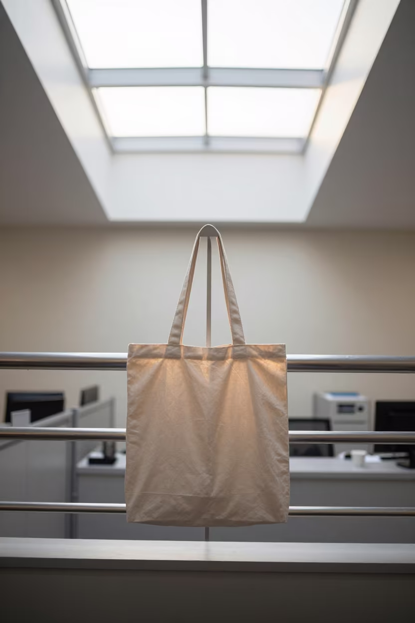 Tote Bag on Pier Railing in Stoke Office Light in on a pier railing in Stoke-on-Trent