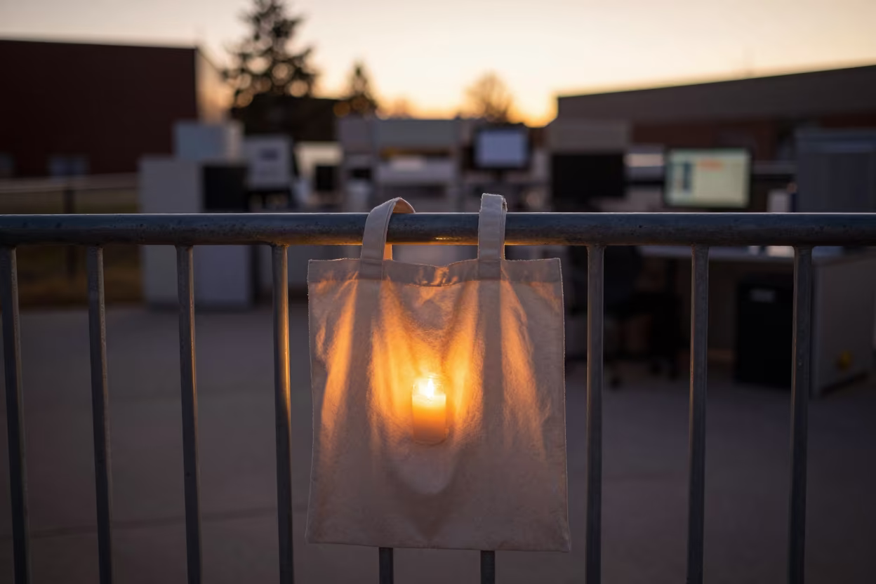 Tote on Pier Railing Golden Hour Regina in on a pier railing in Regina