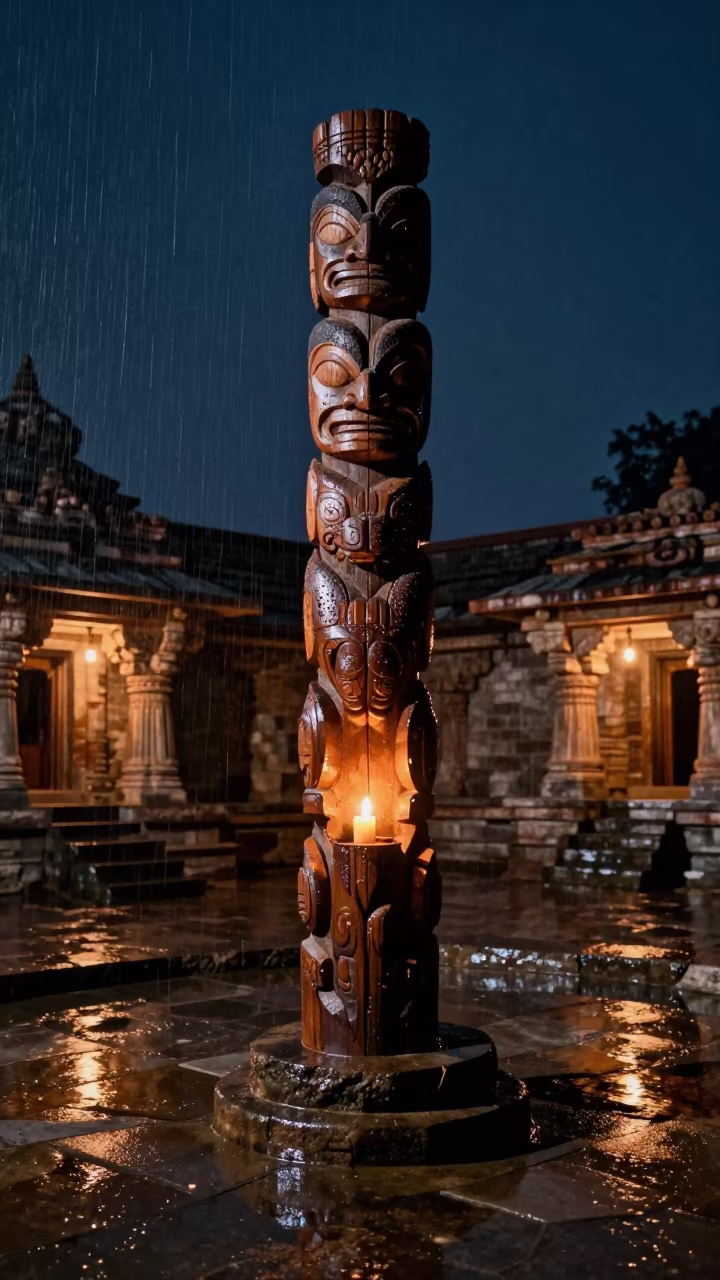 Totem Pole in Jammu Temple Courtyard in in a temple courtyard near Jammu