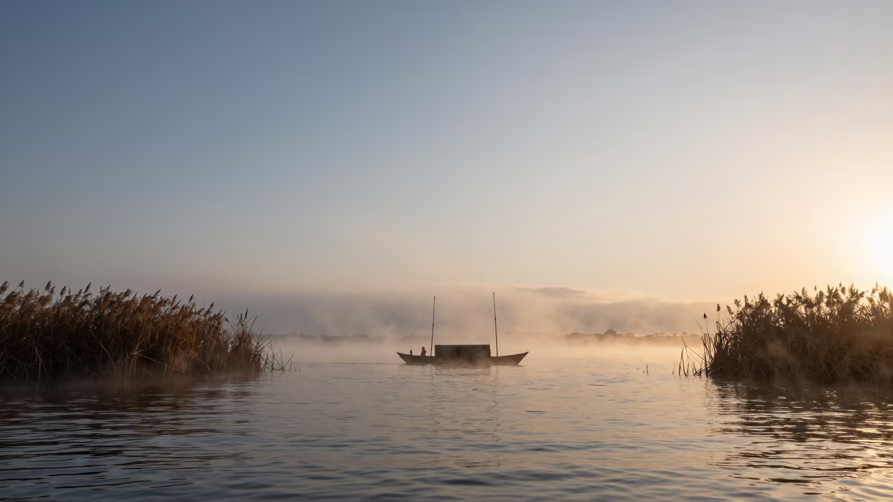 Totora Boat Silhouette at Foggy Harbor Mouth in beside a fogbound harbor mouth near Porto Alegre