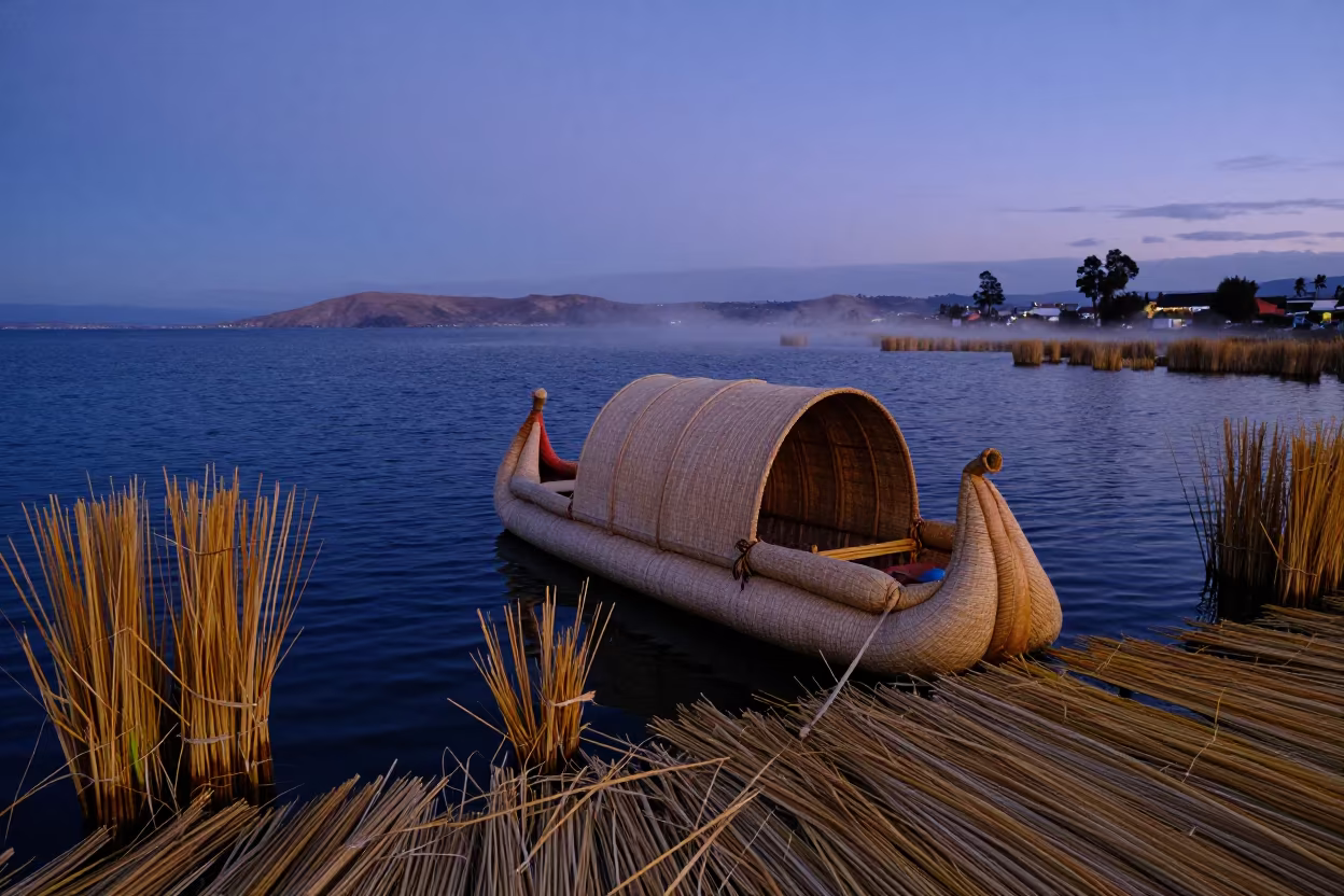 Totora Reed Boat Crossing Lake Titicaca at Twilight in across a remote ferry crossing near Salvador