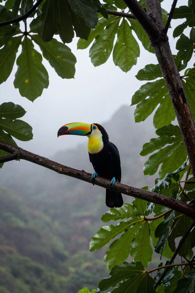 Toucan on Fig Branch in Hawaii Fog in in Hawaii