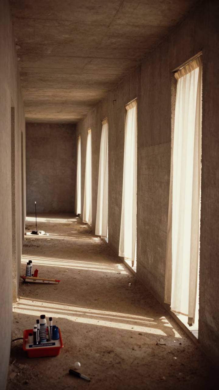 Touch-Up Marker Stand in Libyan Corridor in inside an unfinished corridor in Libya