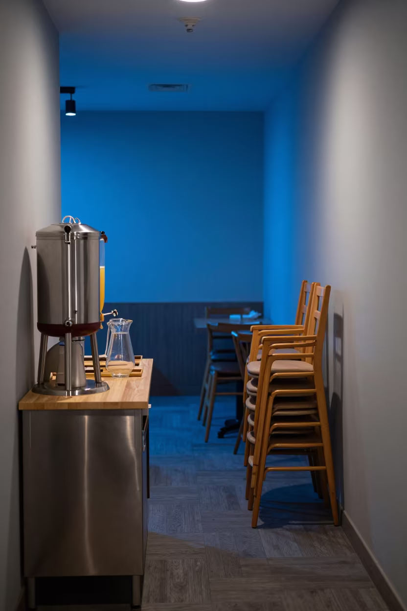 Toulouse Breakfast Room Blue Hour Service Prep in in a quiet guest corridor in Toulouse