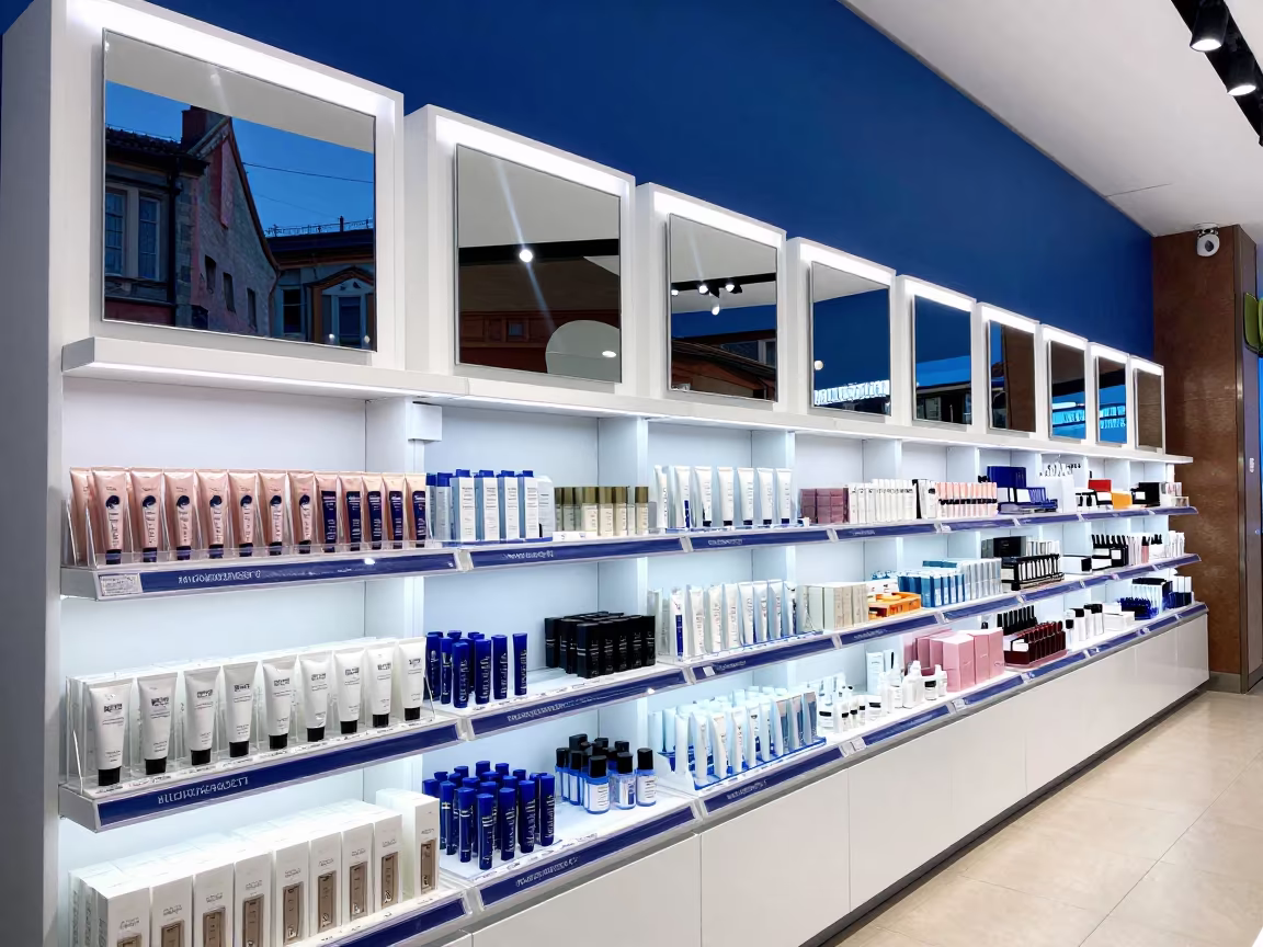 Toulouse Cosmetics Wall Under Blue Hour Light in inside a bright retail aisle in Toulouse