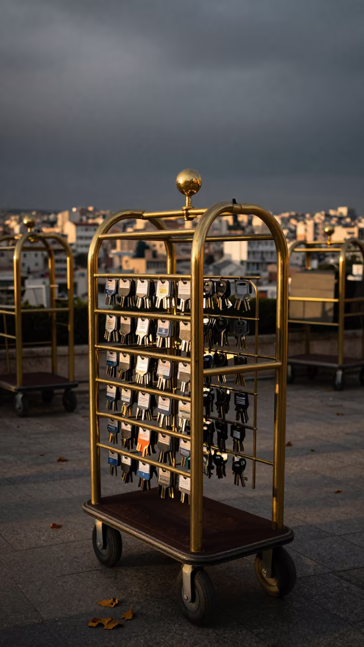 Tour Key Rack in Monastir Porte Cochere in at a porte cochere with brass luggage carts waiting in Monastir