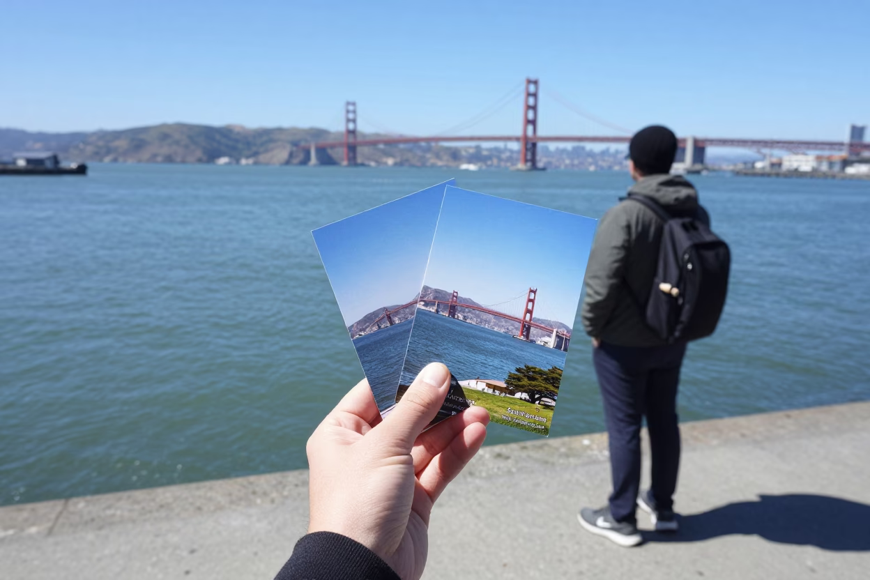 Tourist Holding Postcards Bay Tidal Waters in San Francisco in in San Francisco, California, United States