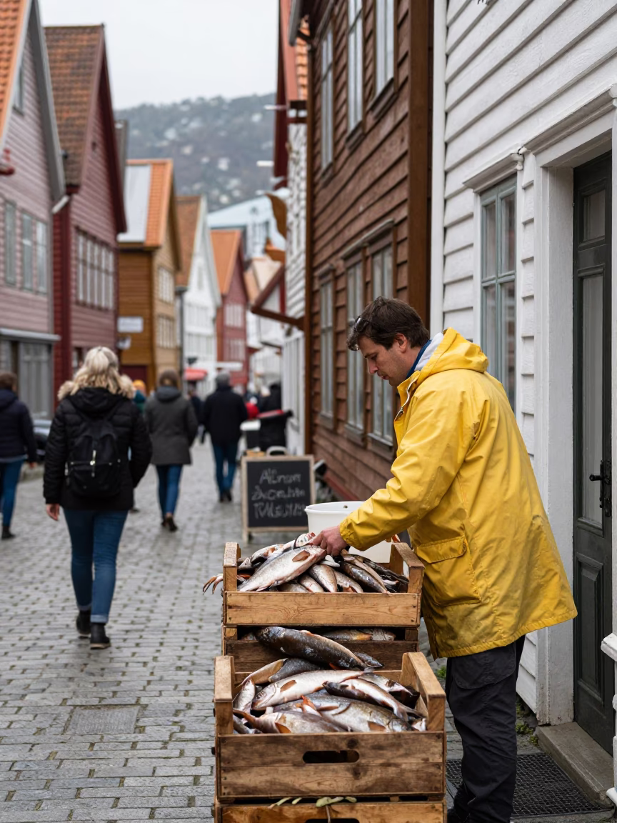 Tourist in Bergen at Flat Noon Light in in Bergen, Norway