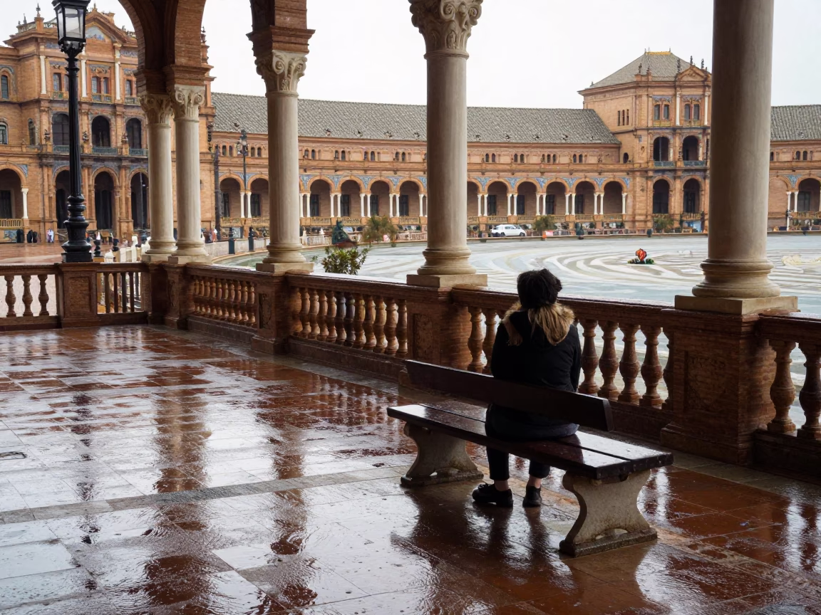 Tourist in Seville at First Light in in Seville, Spain