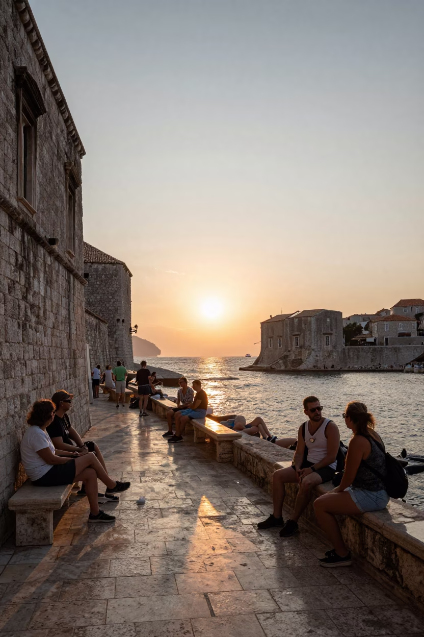 Tourists Relaxing in Dubrovnik at As The Sun Drops Toward The Horizon in in Dubrovnik, Croatia