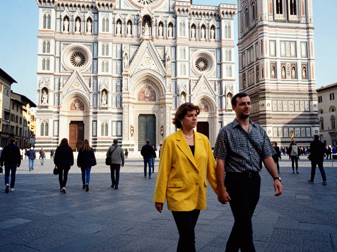 Tourists Strolling Cathedral at Bright Midmorning Light in Florence in in Florence, Italy