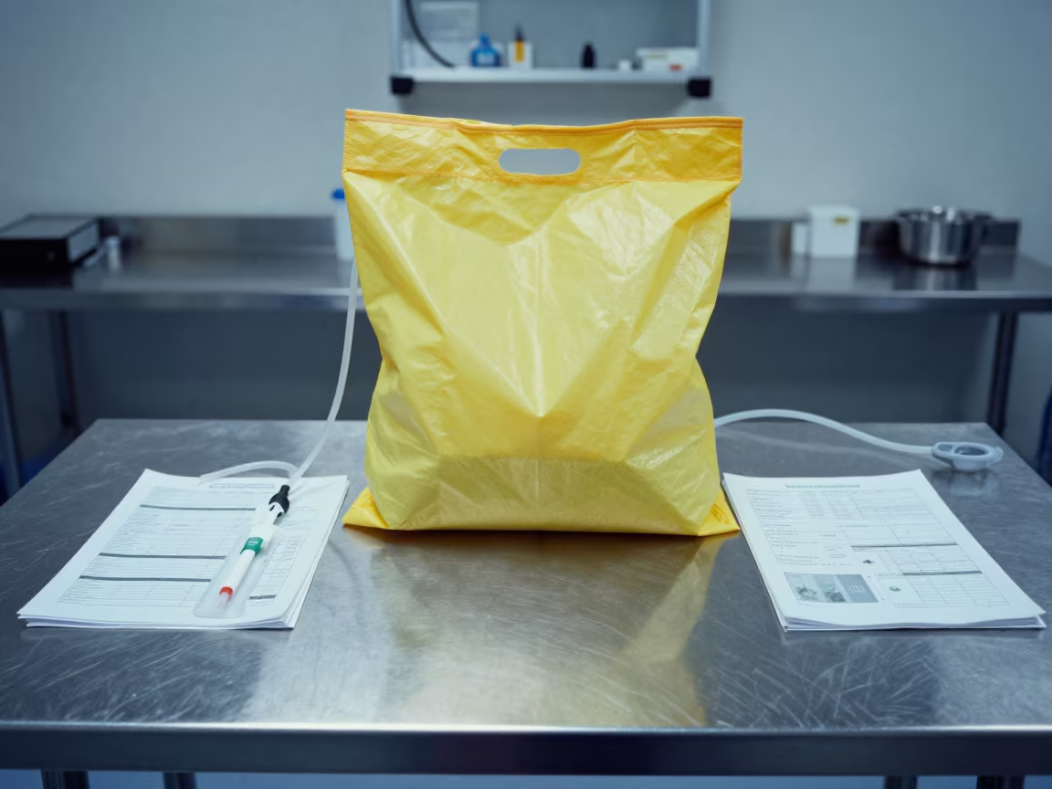 Tourniquet Laundry Bag Under Exam Room Lights in in a surgical prep area in Narnaul