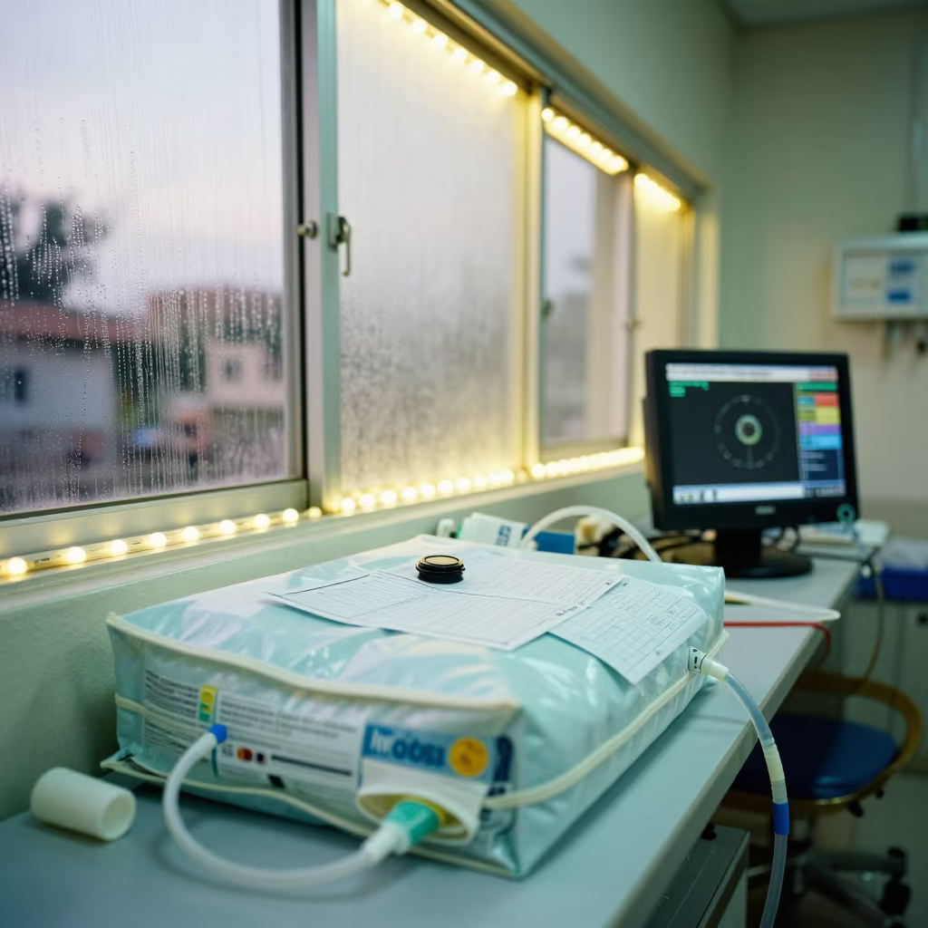 Tourniquet Laundry Bag at Lagos Nurse Station in at a nurse station under monitor glow in Ikoyi, Lagos