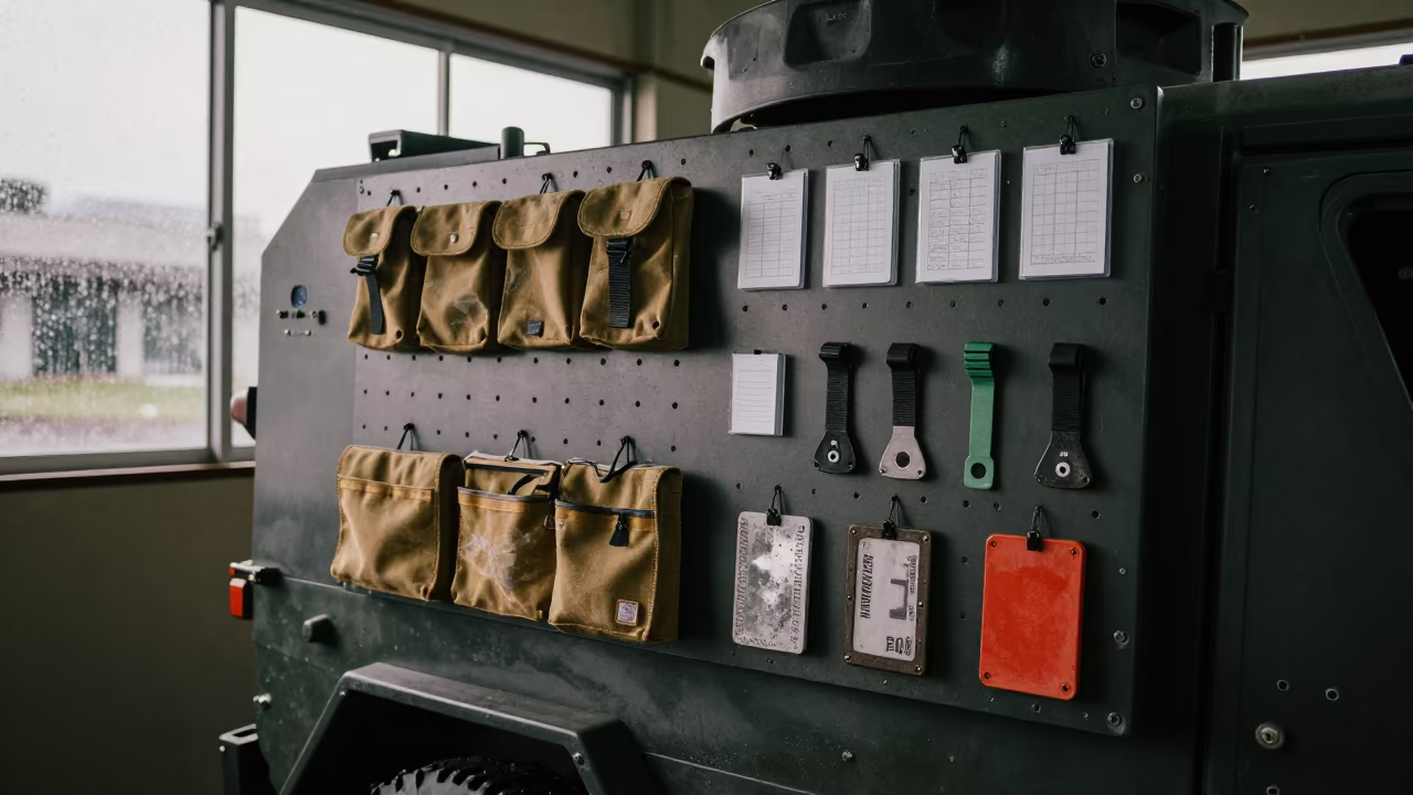 Tourniquet Trainer Pegboard in Armored Bay Huacho in in an armored vehicle bay in Huacho