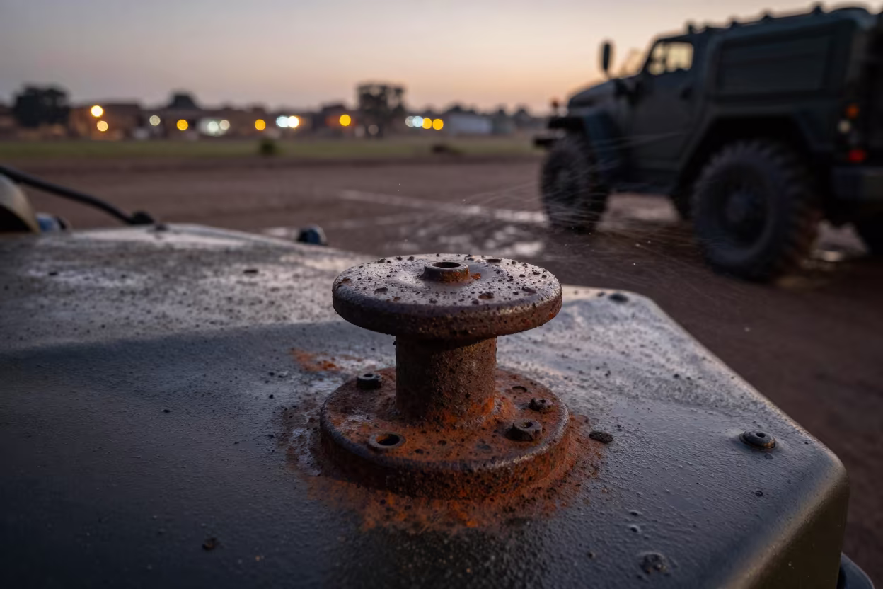 Towbar Pin Cup at Khartoum Convoy Halt Twilight in beside a convoy halt on open ground in Khartoum