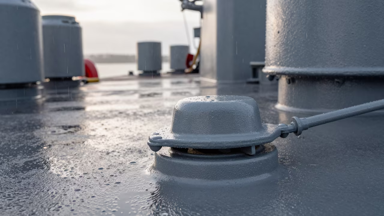 Towbar Pin Cup on Russian Naval Deck After Rain in on a naval deck in rough wind in Russia