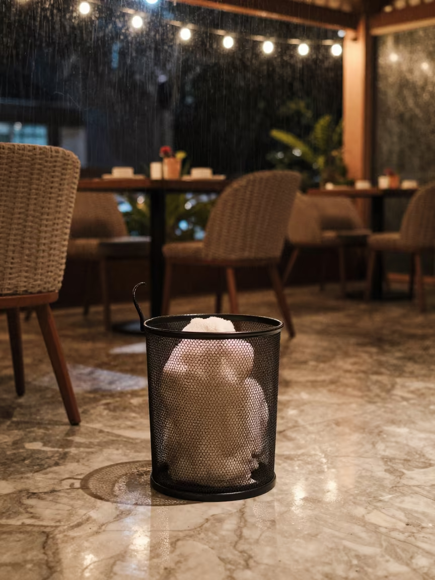 Towel Bin Under Warm Lights in Mumbai Breakfast Room in inside a breakfast room before opening in Mumbai