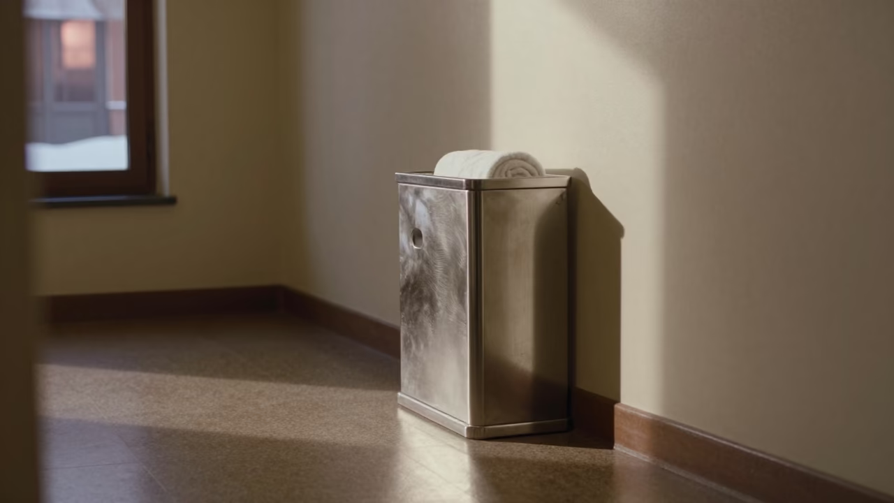 Towel Bin in Winter Hotel Corridor in in a quiet guest corridor near Rosario