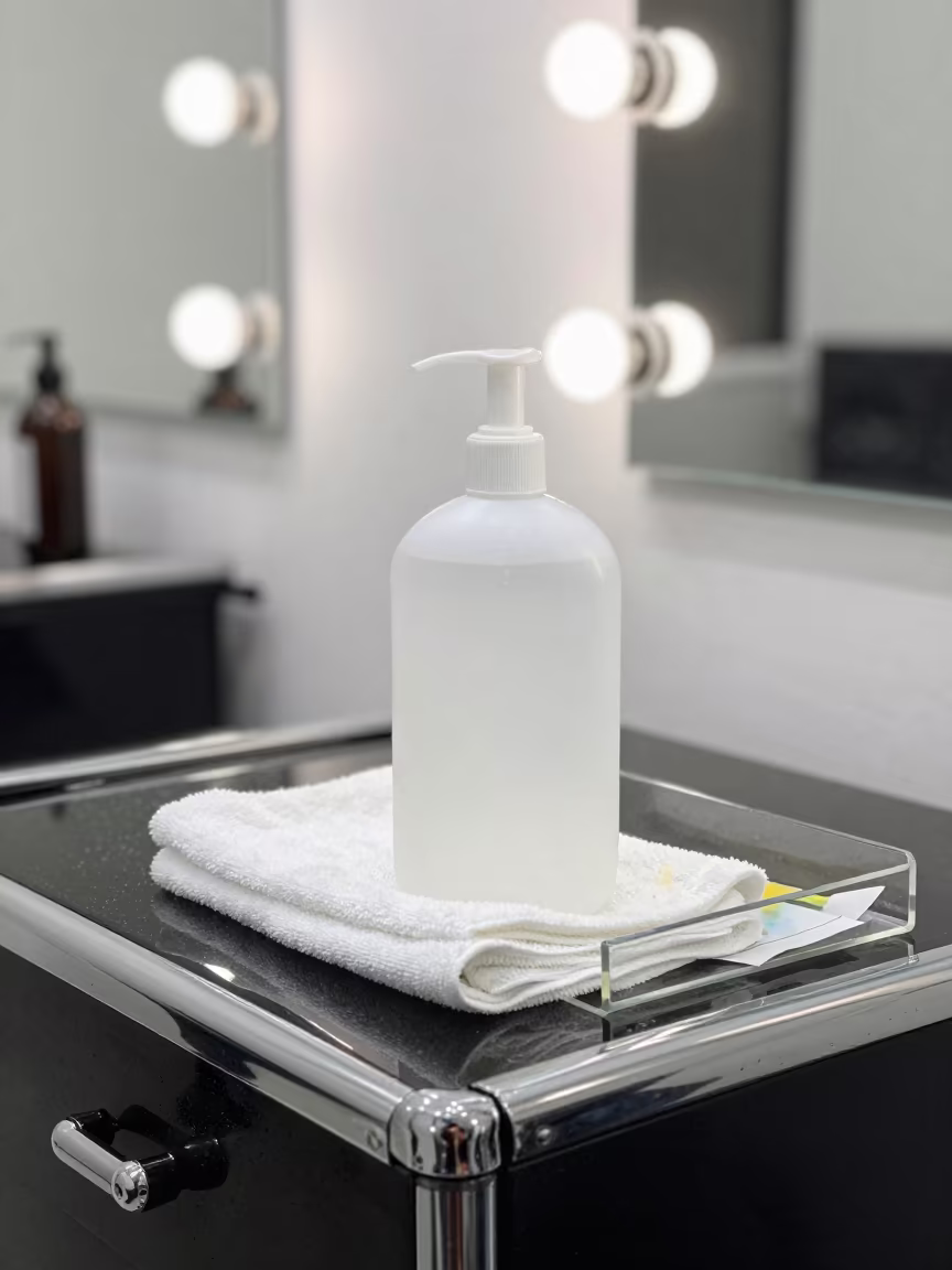 Towel Bleach Bottle at Yaounde Barber Station in at a barber station beneath mirror bulbs in Yaounde