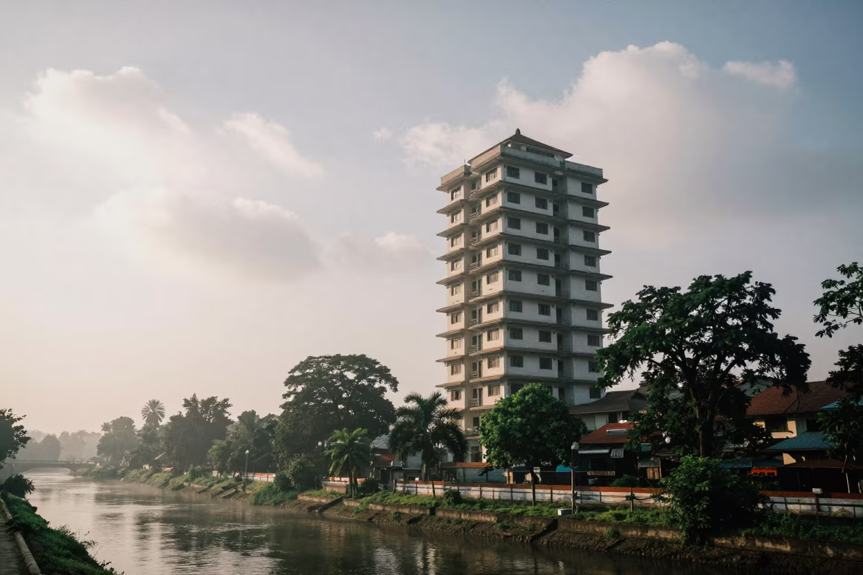 Tower Block Beside Plane Trees Nepal Dawn in beside a canal-front facade in Nepal