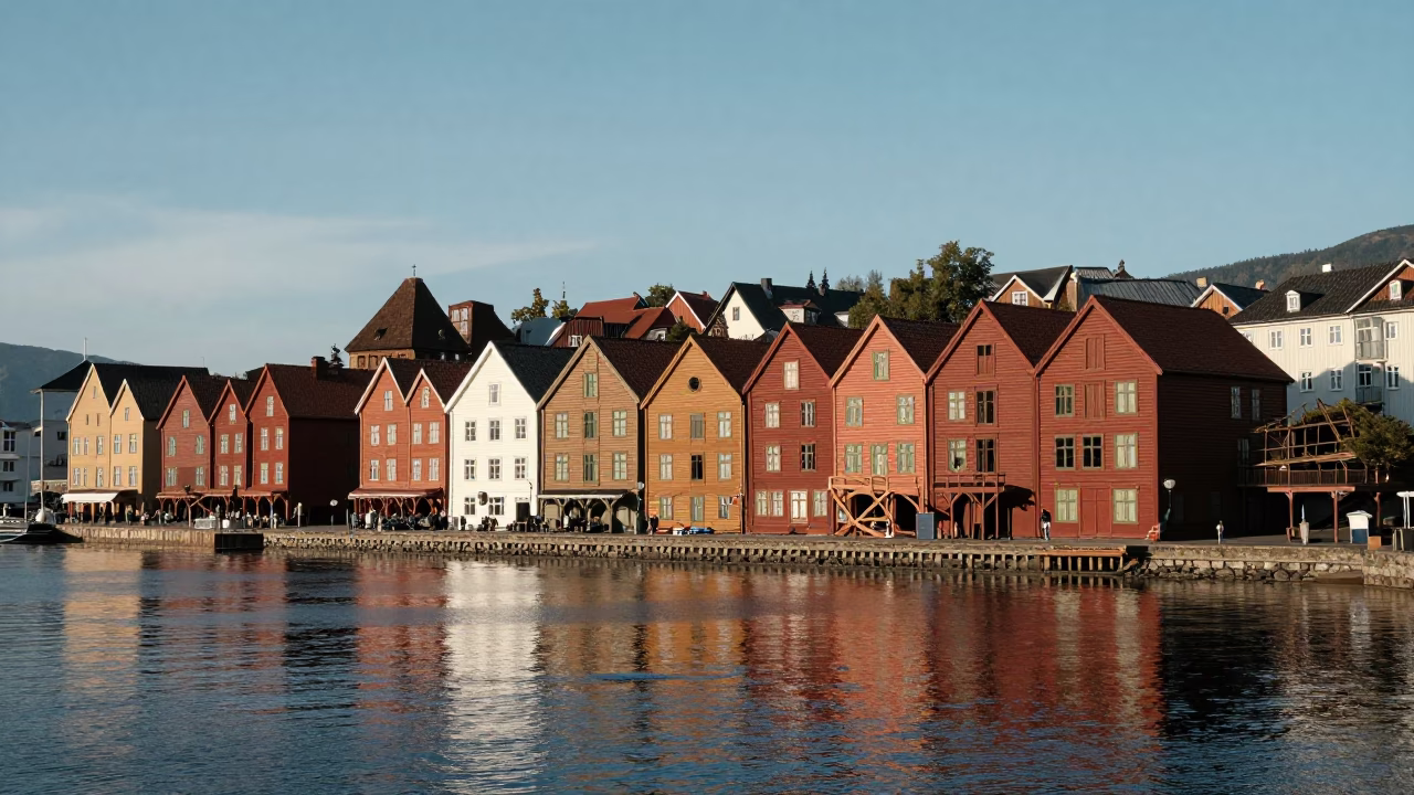Tower Reflected in Bergen at The Early Afternoon Light in in Bergen, Norway