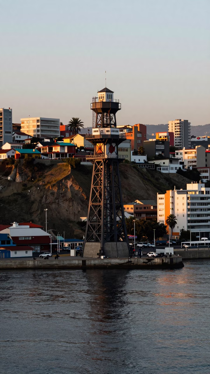 Tower Reflected in Valparaiso at Nautical Dawn Light in in Valparaiso, Chile