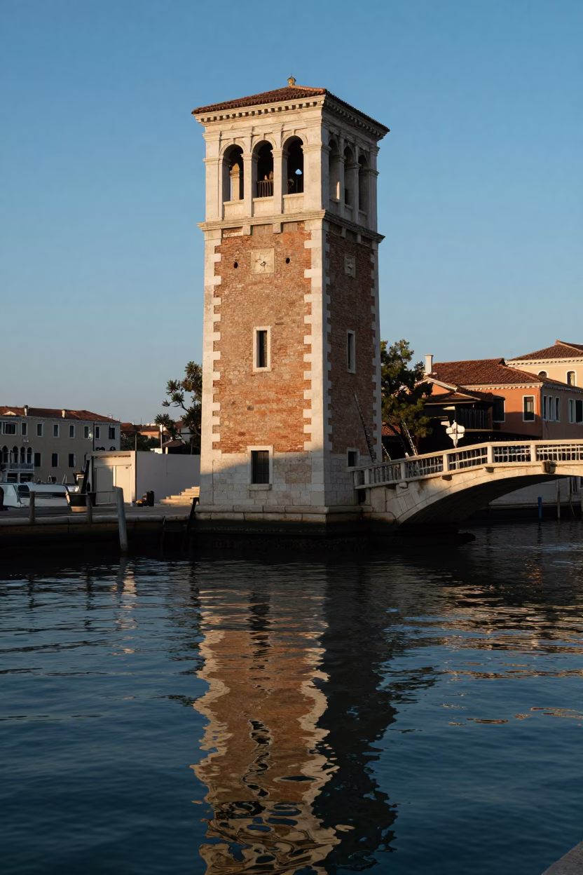 Tower Reflected in Venice at Clear Late-afternoon Light in in Venice, Italy