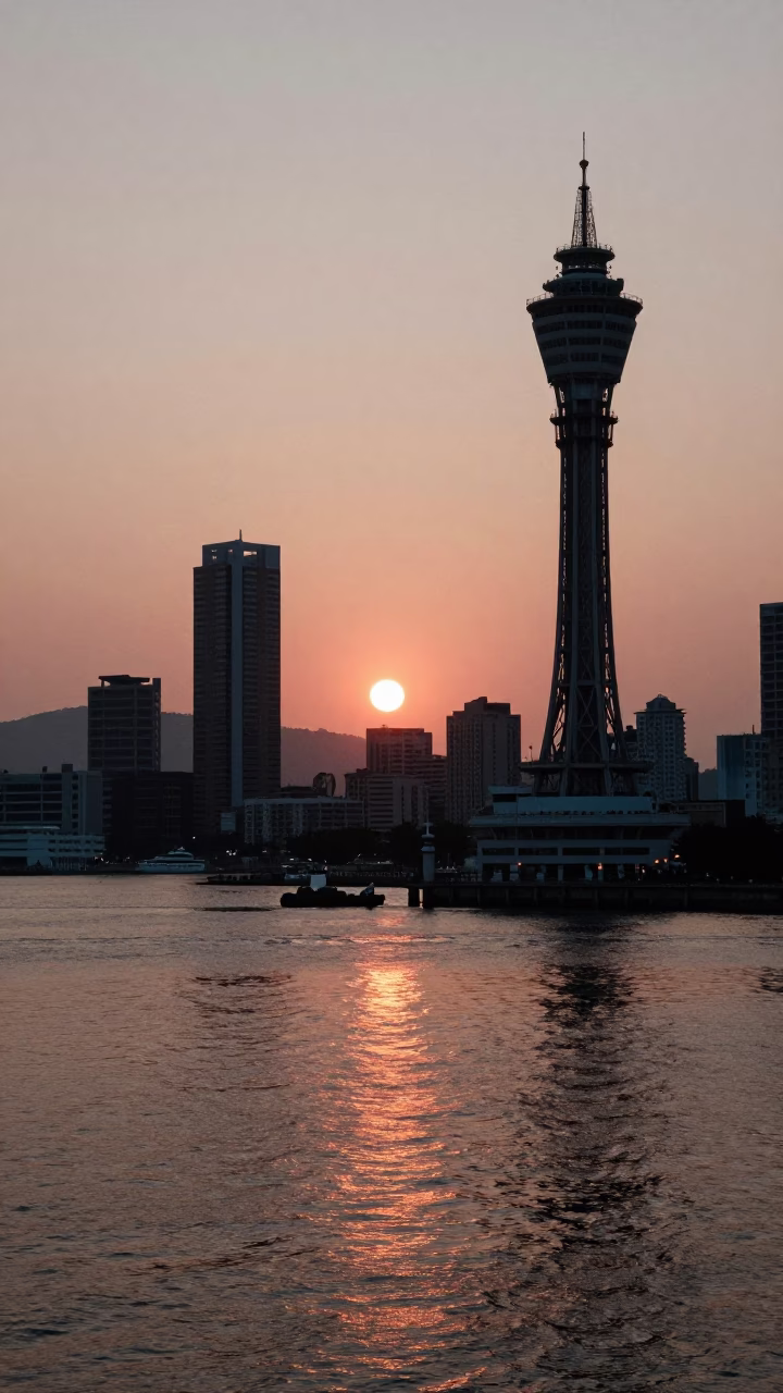 Tower Reflection in Kaohsiung at As The Sun Drops Toward The Horizon in in Kaohsiung, Taiwan