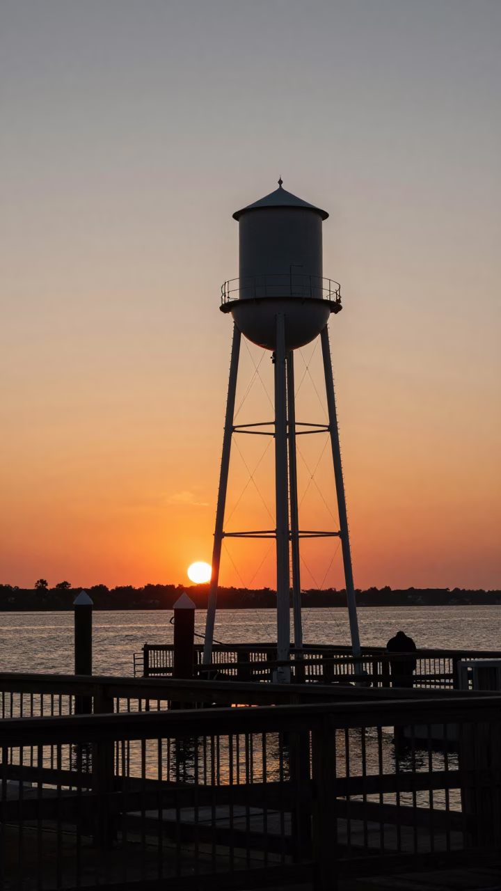 Tower Silhouette in Charleston at As The Sun Drops Toward The Horizon in in Charleston, South Carolina, United States