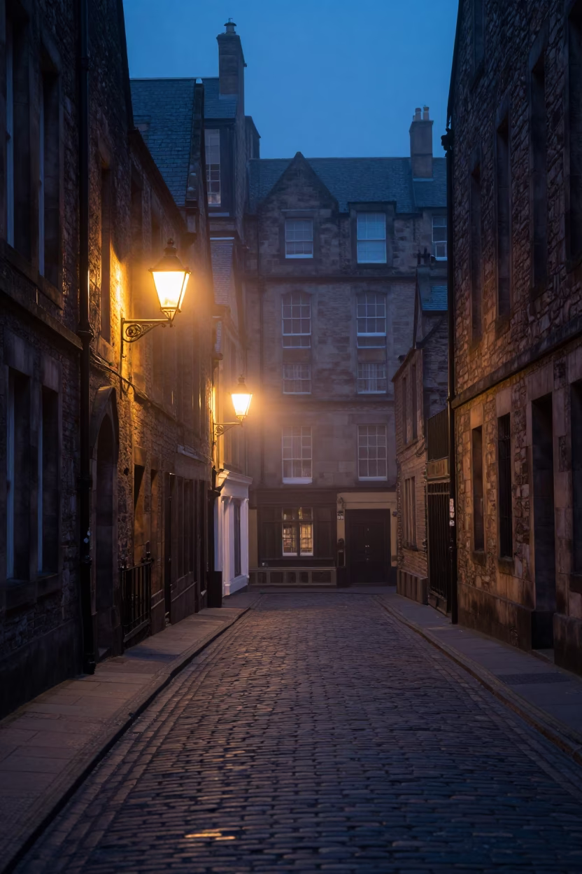 Town Alley in Edinburgh at The Predawn Darkness Light in in Edinburgh, United Kingdom