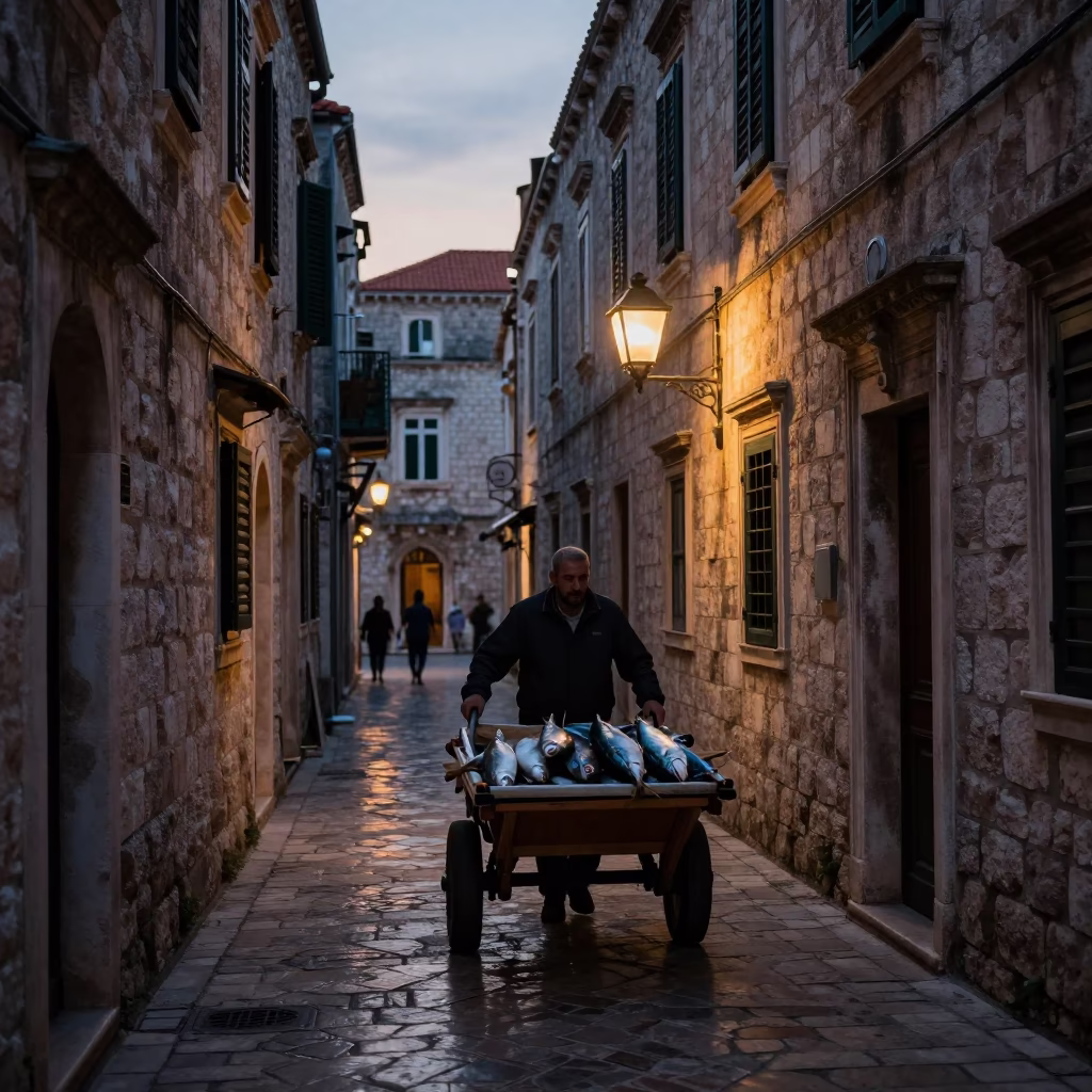Town Alleyway in Dubrovnik at The Still Hours Before Dawn Light in in Dubrovnik, Croatia