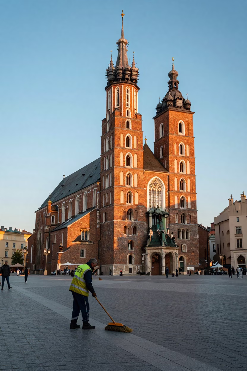 Town Architecture in Krakow at As First Light Reaches The Scene in in Krakow, Poland