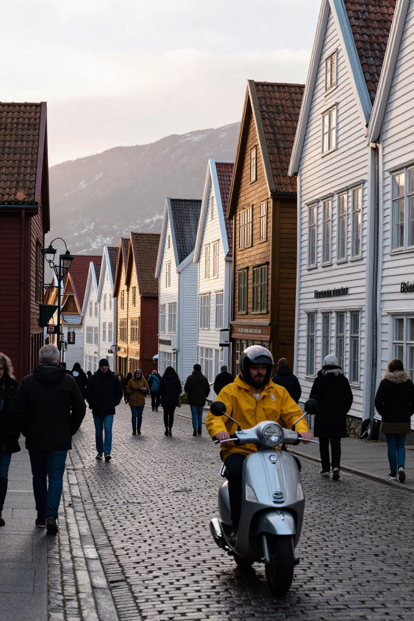 Town Architecture just after sunrise in Bergen in in Bergen, Norway