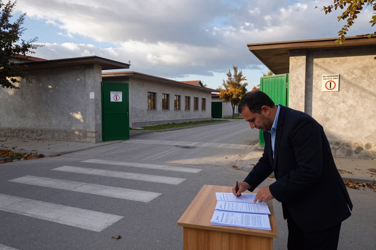 Town Clerk Assembles Permits at School Gate Nizip in at a crosswalk by a school gate near Nizip
