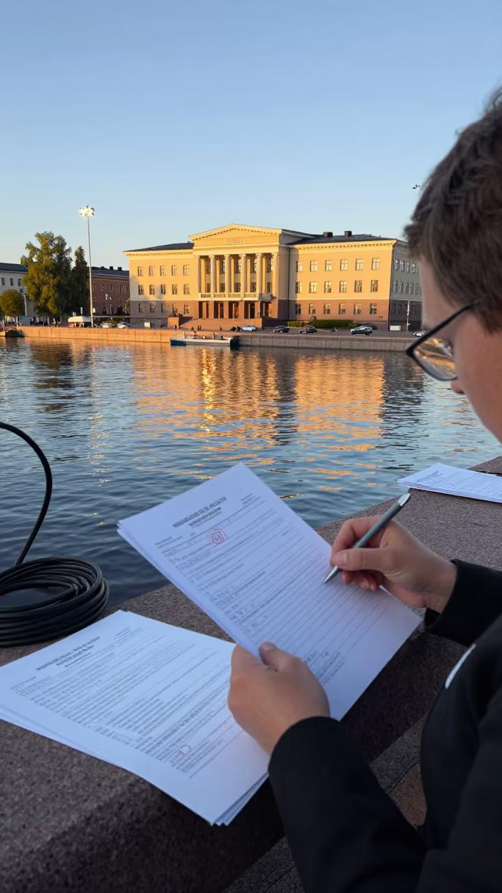Town Clerk Assembling Permits Near Espoo Water in beneath government building floodlights near Espoo