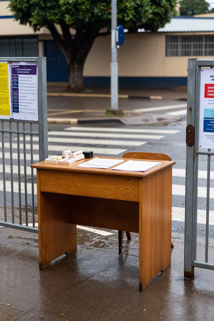 Town Clerk Desk at Soweto School Crosswalk After Rain in at a crosswalk by a school gate near Soweto